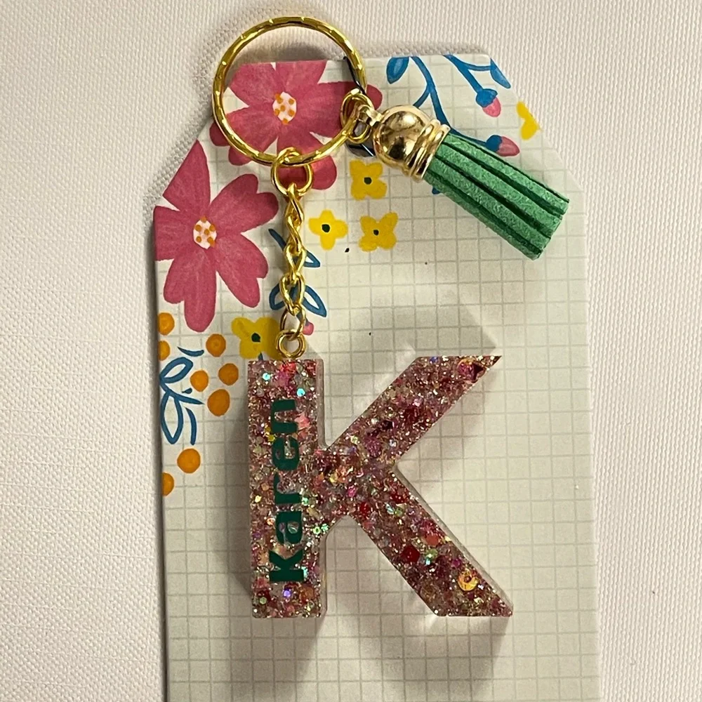 Karen letter K glitter resin‎ keychain